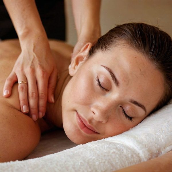 Femme recevant un massage relaxant du dos au centre de soins Naxane, avec les mains du masseur appliquant des gestes doux dans une ambiance apaisante et chaleureuse.