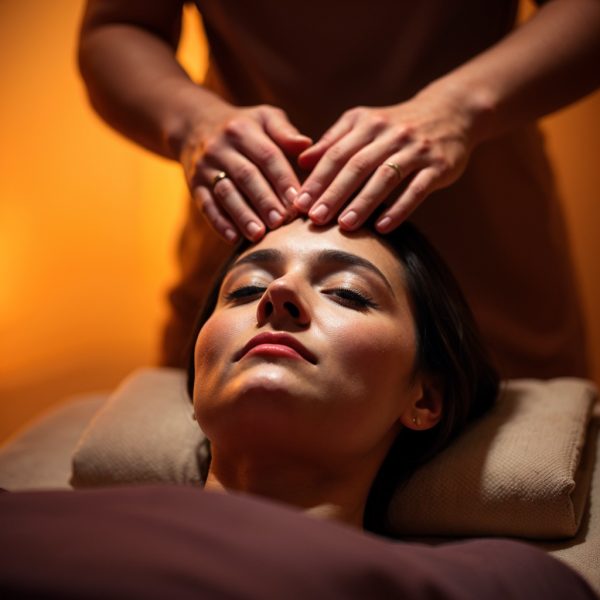 Femme recevant un massage ayurvédique Shirochampi avec des mains appliquant un massage doux sur la tête, dans une ambiance tamisée et zen.